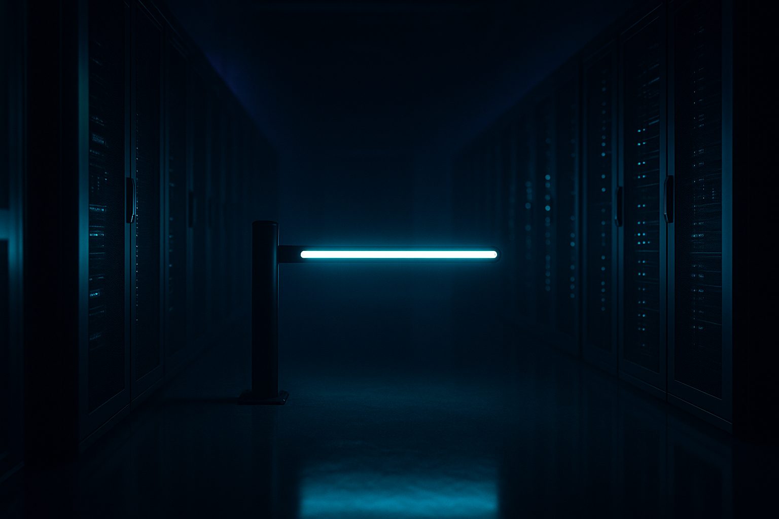 A server room corridor with a single illuminated gate across the walkway, a database rack visible and untouched behind it