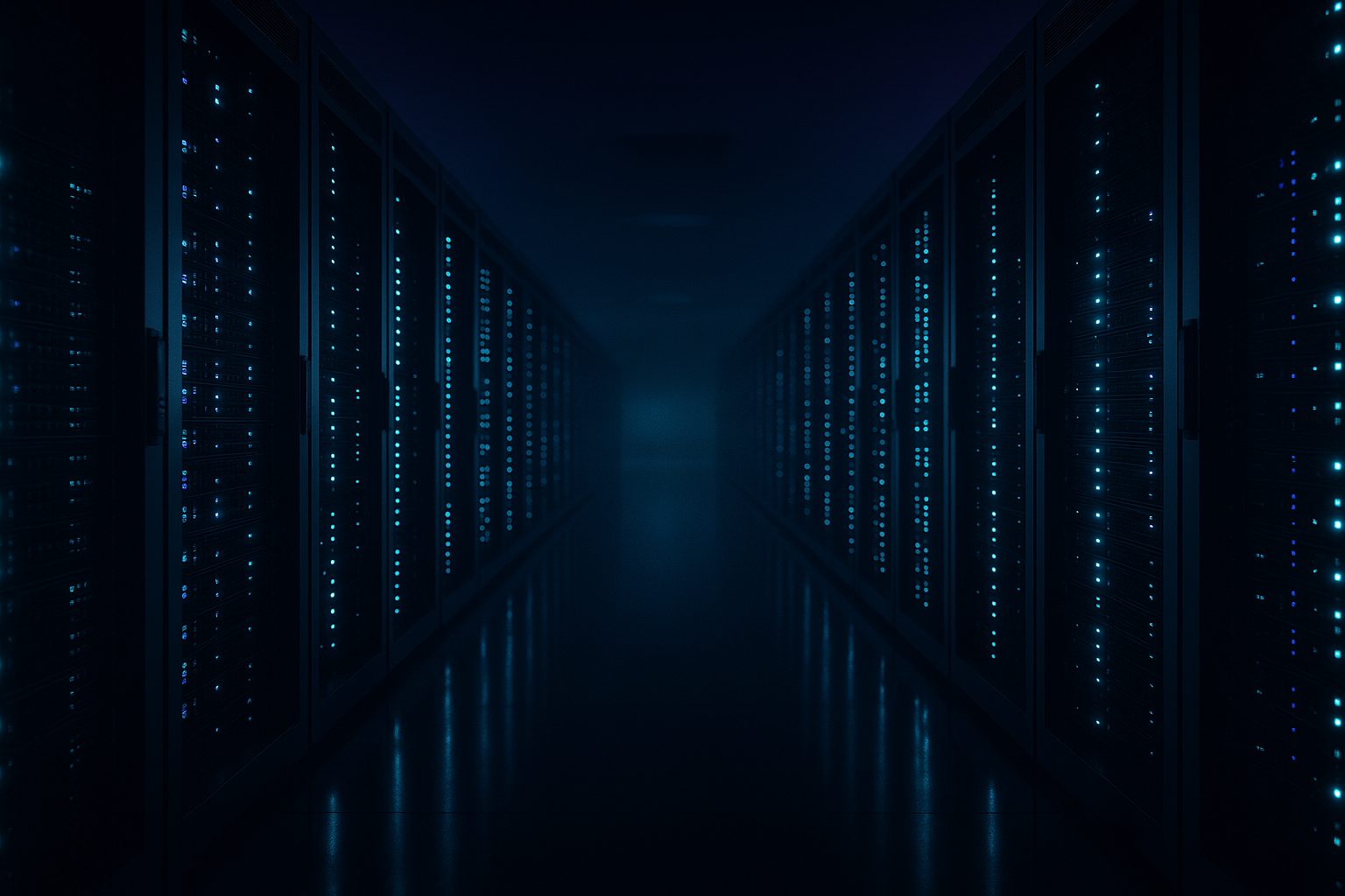 Enterprise data center aisle with dark server racks and cool-blue status lights — AI governance as an infrastructure problem
