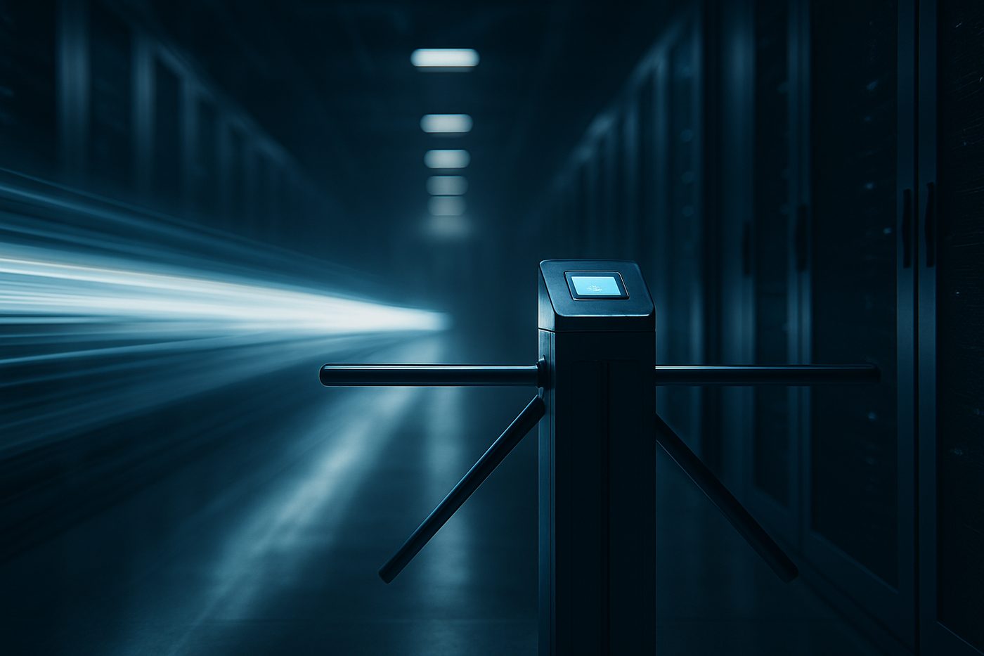 A blur of light racing past a single sharp control gate in a dark data center — AI adoption outpacing governance
